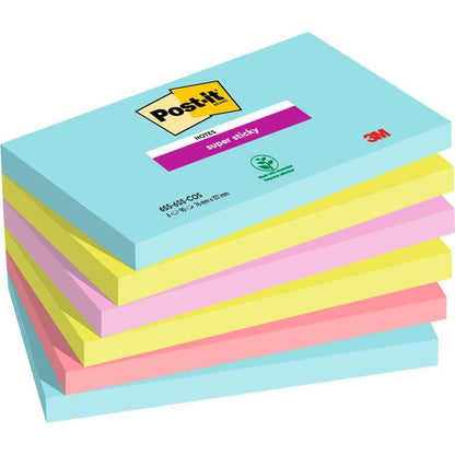 Pictured is a stack of six Post-it® Super Sticky Notes (76 mm x 127 mm, 90 sheets/block, 100% PEFC) from 3M Deutschland GmbH in blue, pink, and yellow colors with visible branding on the top block.