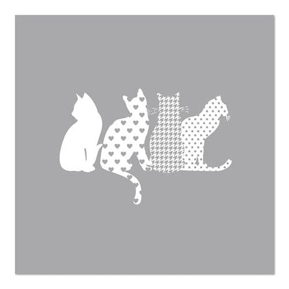 Four white cat silhouettes with different patterns adorn these PAPSTAR GmbH 20 napkins, 33x33 cm, 3-ply, 1/4-fold design set 5.