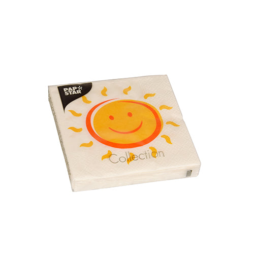 Eine Packung 20 Servietten der PAPSTAR GmbH, 25 cm x 25 cm, 3-lagige, viertelgefaltete Servietten mit einer gelben lächelnden Sonne mit orangefarbenen Strahlen; „Collection“ auf der Vorderseite und Pap Star-Logo in der oberen linken Ecke.