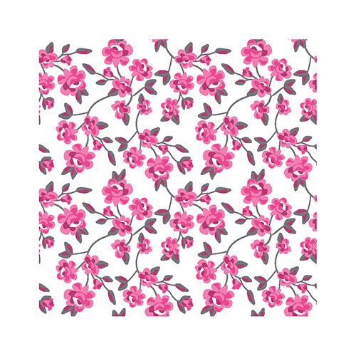 The PAPSTAR 20 napkins (25x25 cm, 3-ply, 1/4-fold) of PAPSTAR GmbH feature a repeating pink floral pattern with gray-green leaves on a white background – ideal for stylish table decoration or elegant napkin use.