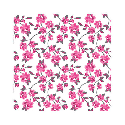 The PAPSTAR 20 napkins (25x25 cm, 3-ply, 1/4-fold) of PAPSTAR GmbH feature a repeating pink floral pattern with gray-green leaves on a white background – ideal for stylish table decoration or elegant napkin use.