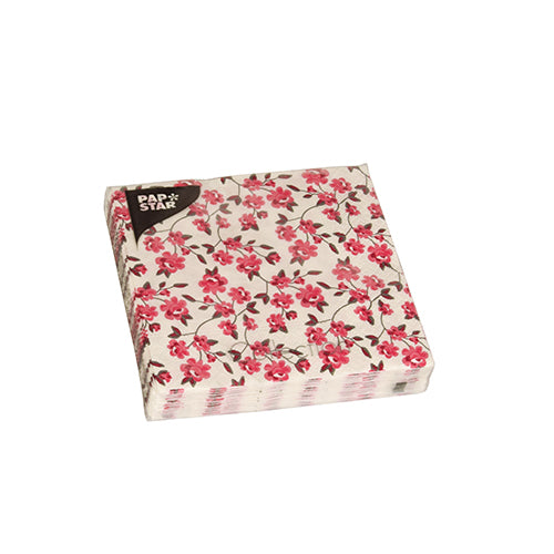 Eine Packung mit 20 PAPSTAR Servietten, 25 x 25 cm, 3-lagig, 1/4-Falz von der PAPSTAR GmbH in Weiß mit rot-rosa Blumenmuster, wird in transparentem Kunststoff mit schwarzem Etikett geliefert – perfekt für jede Tischdekoration.