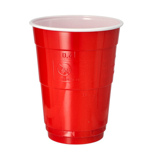 Ein Starpak 10 Bierbecher (0,4 l, 9,5 cm Ø, 12 cm) in Rot mit weißer Innenseite steht aufrecht auf weißem Untergrund. Der Becher hat eine konische Form und horizontale Rillen am Boden; ideal für Partys und Veranstaltungen.