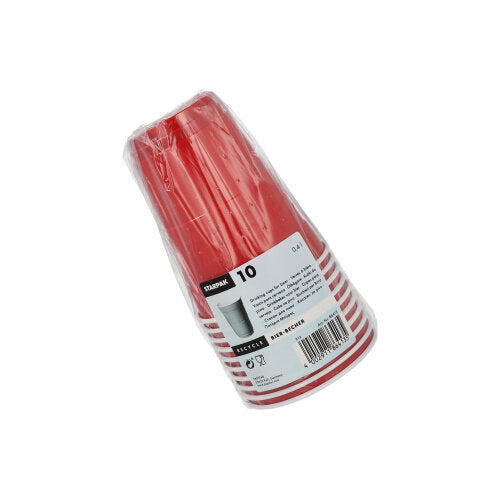 Das Starpak 10 Bierbecher-Set (PS, 0,4 l, Ø9,5 cm/12 cm, rot/weiß) beinhaltet 10 rote Plastikbecher für Partys und Veranstaltungen, verpackt in Klarsichtfolie mit weißem Etikett mit Produktinformationen und Barcode.