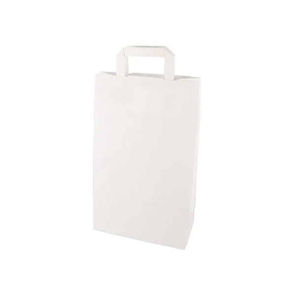 Die PAPSTAR 50 Tragetaschen der PAPSTAR GmbH sind weiße Papiertaschen mit flachen Böden und Henkeln, die aufrecht vor weißem Hintergrund stehen - eine umweltfreundliche Tragetasche für den täglichen Gebrauch.