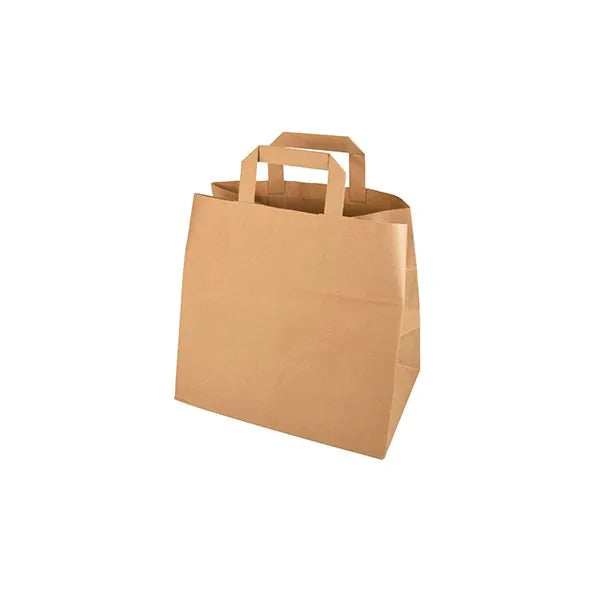 Die PAPSTAR 50 Tragetaschen aus Papier mit Tragegriff von PAPSTAR GmbH stehen aufrecht auf weißem Hintergrund - die umweltfreundliche Wahl für stilvolles und praktisches Verpacken.