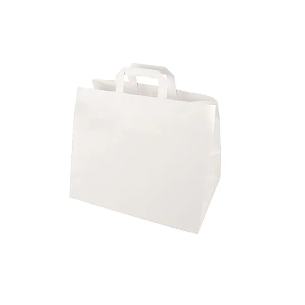 Eine PAPSTAR 50 Tragetasche der PAPSTAR GmbH aus Papier mit rechteckigen Seiten und zwei flachen Griffen steht aufrecht auf weißem Grund.
