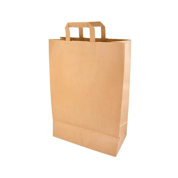 Eine PAPSTAR 50 Tragetasche, Papier mit Tragegriff von PAPSTAR GmbH steht aufrecht auf weißem Hintergrund. Die umweltfreundliche, unbenutzte Tasche hat einen flachen Boden und zwei rechteckige Griffe.