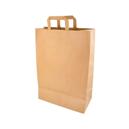 Eine PAPSTAR 50 Tragetasche, Papier mit Tragegriff von PAPSTAR GmbH steht aufrecht auf weißem Hintergrund. Die umweltfreundliche, unbenutzte Tasche hat einen flachen Boden und zwei rechteckige Griffe.