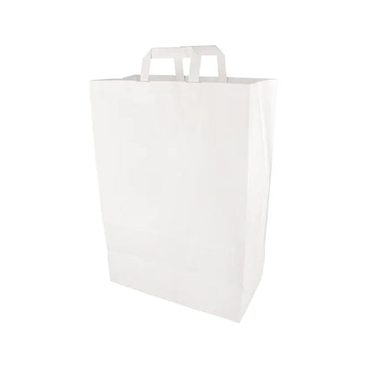 Die PAPSTAR 50 Tragetaschen der PAPSTAR GmbH sind weiße Papiertaschen mit Henkeln, die hochkant auf weißem Grund abgebildet sind - eine ideale umweltfreundliche Wahl für Ihren Einkauf.