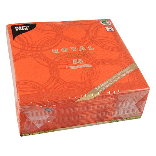 Ein 50er-Pack PAPSTAR "ROYAL Collection" Servietten (1/4-Falz, 40 x 40 cm) in nektarine von PAPSTAR GmbH, verpackt in einer Klarsichtverpackung - ideal, um jeden Tisch elegant zu gestalten.