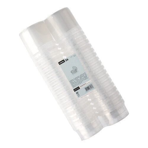 Eine Packung mit 36 Starpak-Deli-Bechern aus durchsichtigem Polypropylen (240 ml, Ø 9,5 cm, 5,6 cm) mit manipulationssicherem Deckel, in Schrumpffolie eingewickelt und in der Mitte etikettiert.