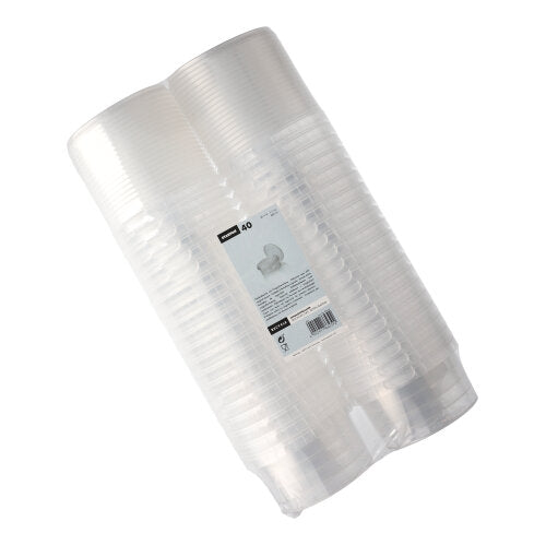 Pictured is a package of 40 transparent Starpak delicatessen cups (PP, 480 ml, Ø11.8 cm, 7 cm) with tamper-evident closure, stacked and wrapped in shrink wrap, with a product label on the front.