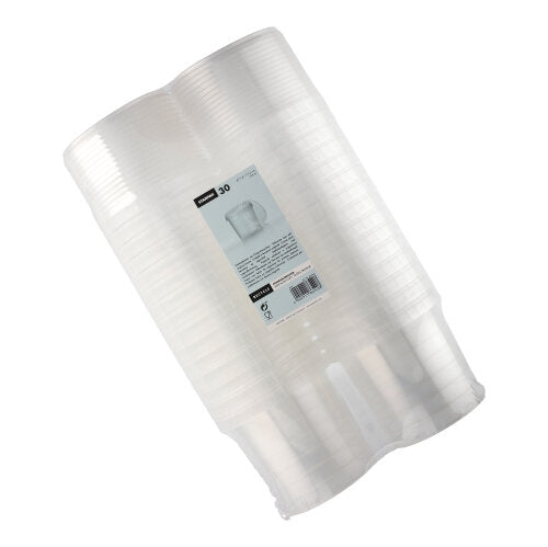 Eine Packung mit 30 transparenten Starpak-Einwegbechern 770 ml (Ø 11,8 cm, H 11,3 cm, PP) mit Originalitätsverschluss, in Schrumpffolie eingewickelt und mit Produktinformationen und Barcode beschriftet.