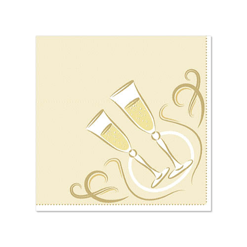 Abbildung von zwei Sektgläsern mit Blasen auf beigem, goldverziertem Untergrund. Ideal für PAPSTAR 20 Servietten "ROYAL Collection" 1/4-Falz, 25 cm x 25 cm von der PAPSTAR GmbH.