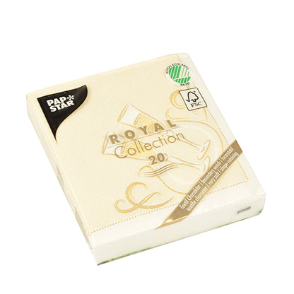 Eine Packung mit 20 PAPSTAR Servietten "ROYAL Collection" 1/4-Falz, creme, 25x25 cm, FSC-zertifiziert mit goldenem Design auf der Verpackung, von der PAPSTAR GmbH.