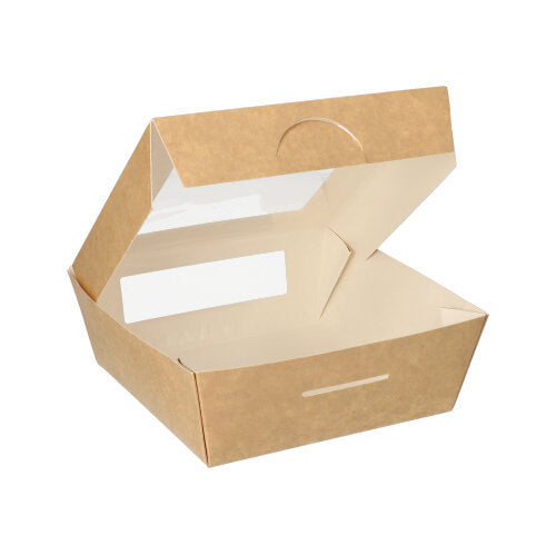 Die PAPSTAR 25 Feinkostboxen (eckig, Pappe mit PLA-Sichtfenster) von PAPSTAR GmbH zeigen ihr weißes Inneres durch einen teiloffenen Deckel und bestehen aus nachhaltigen Materialien vor weißem Hintergrund.