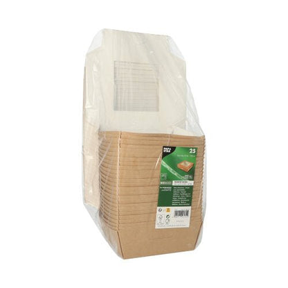 A stack of PAPSTAR 25 gourmet boxes, cardboard with PLA window, square from PAPSTAR GmbH is wrapped in clear foil and bears a green and white label on the front indicating environmentally friendly packaging.