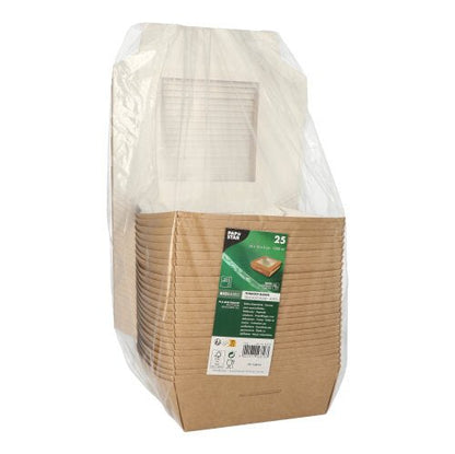 A stack of 25 PAPSTAR gourmet boxes made of cardboard with a PLA window from PAPSTAR GmbH is packaged in a clear bag. The square boxes are partially visible through the window and have a product label on the front.