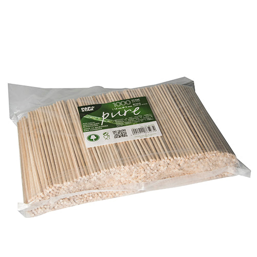 Eine Klarsichtverpackung der PAPSTAR GmbH enthält 1.000 „reine“ Holzstäbe (Ø 3 mm, 15 cm), ideal für Bastel- und Kunstprojekte. Das grün-weiße Etikett zeigt Produktdetails und Zertifizierungen.