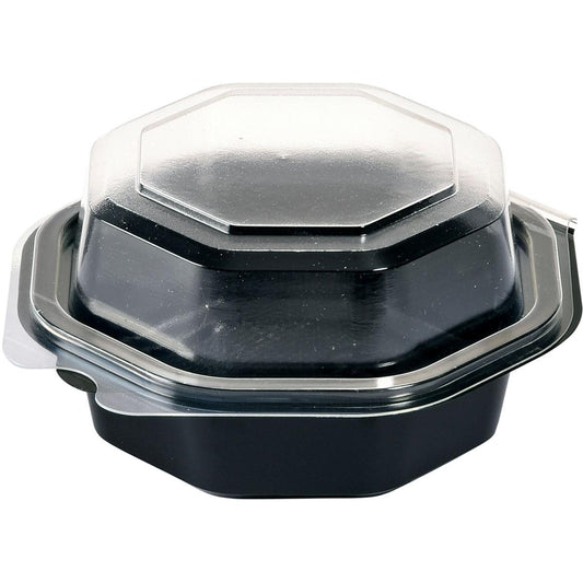 Der Octaview® Schwarz/Transparent PS 118x118x60 Takeout-Container der Duni GmbH mit schwarzem Boden und klarem, sechseckigem Deckel ist ideal für den sicheren Transport von Mahlzeiten und das Catering. Packung: 375 Stück.