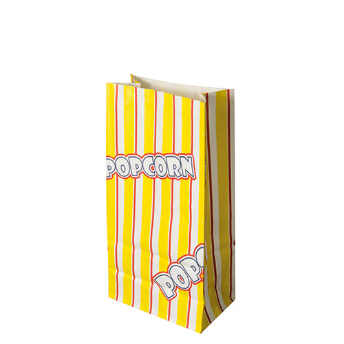 Eine hohe, rechteckige Popcorntüte der PAPSTAR GmbH aus der Reihe „Popcorn“ fettdichter Pergament-Ersatz mit gelb-weißen Streifen und kräftigem „POPCORN“-Aufdruck steht leer und aufrecht vor einem weißen Hintergrund.