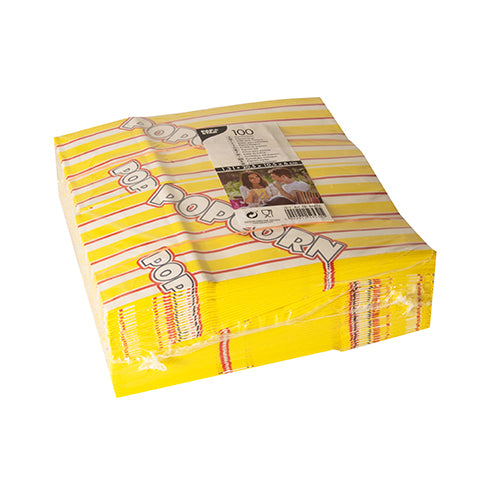 Ein Stapel Popcorn-Tüten der PAPSTAR GmbH, fettdichter Pergament-Ersatz, gelb und weiß gestreift mit rotem „Popcorn“-Schriftzug, wird in einer Kunststoffverpackung mit der Aufschrift „100 Tüten pro Packung“ geliefert.