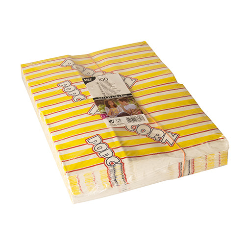 A sealed package of 100 popcorn bags by PAPSTAR GmbH made from greaseproof parchment substitute with yellow-red stripes is partially wrapped in clear plastic and labeled with product details.