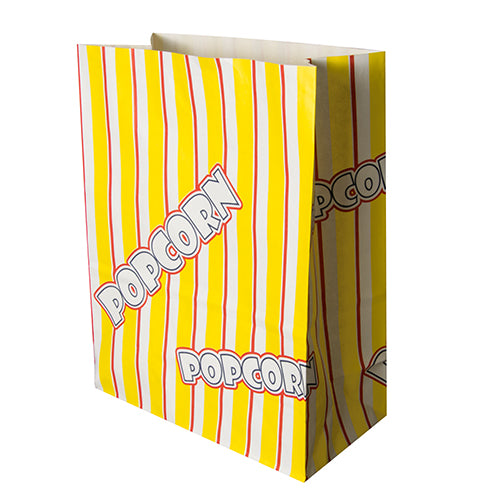 A rectangular yellow PAPSTAR popcorn bag (parchment substitute, greaseproof) with red and white stripes and "POPCORN" in white print by PAPSTAR GmbH stands upright and appears empty.