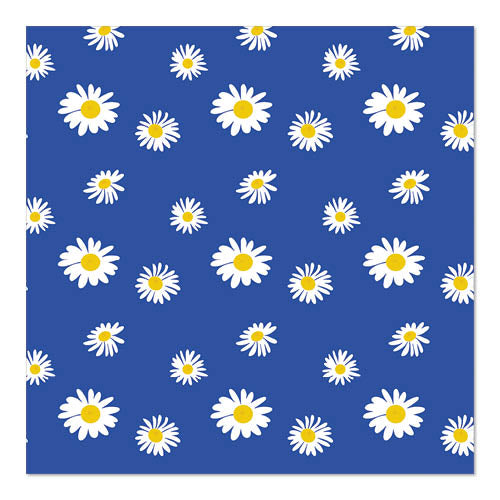 Das PAPSTAR GmbH 20 Servietten Design Set 2 zeigt ein Muster aus weißen Gänseblümchen mit gelber Mitte auf einem einfarbig blauen Hintergrund. Die 3-lagigen Servietten sind 33 x 33 cm groß und bieten abwechslungsreiche, gleichmäßig verteilte Gänseblümchen-Motive.