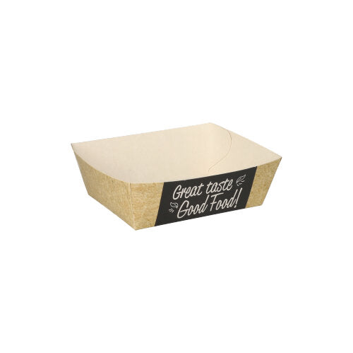 Eine braune PAPSTAR 50 Pommes-Frites-Schale „pure“ (3,5 cm x 7 cm) der PAPSTAR GmbH ist mit einem seitlichen Etikett im Kreidetafel-Stil versehen, auf dem „Good Food!“ steht. Die leere Schale ist auf einem schlichten weißen Hintergrund abgebildet.
