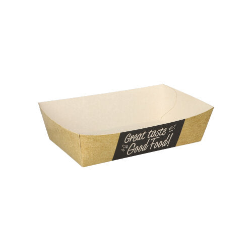 Eine rechteckige, biologisch abbaubare PAPSTAR 50 Pommes-Frites-Schale „pure“ (3,5 x 7 cm) mit kurzen Seiten und schwarzem „Good Food“-Etikett steht leer auf weißem Untergrund. Marke: PAPSTAR GmbH.
