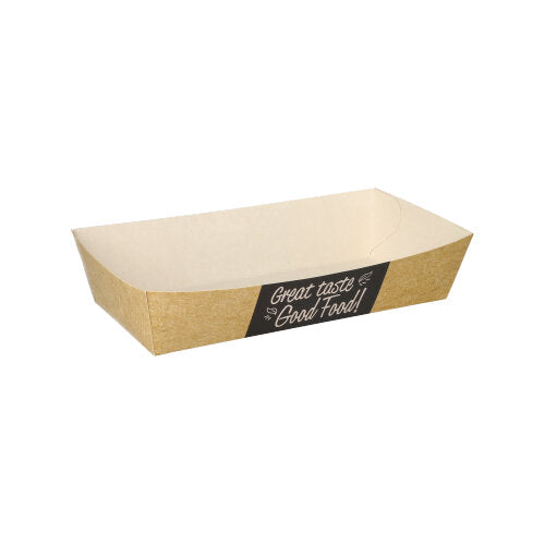 Eine rechteckige, braune PAPSTAR „pure“ Pommes-Frites-Schale (3,5 x 7 cm) mit schwarzem „Good Food“-Etikett steht leer auf weißem Grund. Umweltfreundlich und ideal für Pommes Frites, kommt sie im 50er-Pack von der PAPSTAR GmbH.