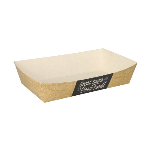 Die Pommes-Frites-Schale „pure“ (3,5 x 7 cm) der PAPSTAR GmbH ist eine rechteckige, braun-weiße Öko-Schale mit abgeschrägten Seiten und schwarzem „Good Food“-Etikett, leer auf weißem Grund. Erhältlich im 50er-Pack.