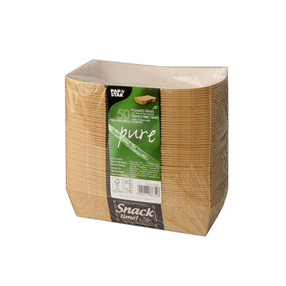 A sealed package with 50 rectangular brown French fries trays "pure" "Good Food" from PAPSTAR GmbH, 3.5 x 7 cm, with environmental labeling and product info.