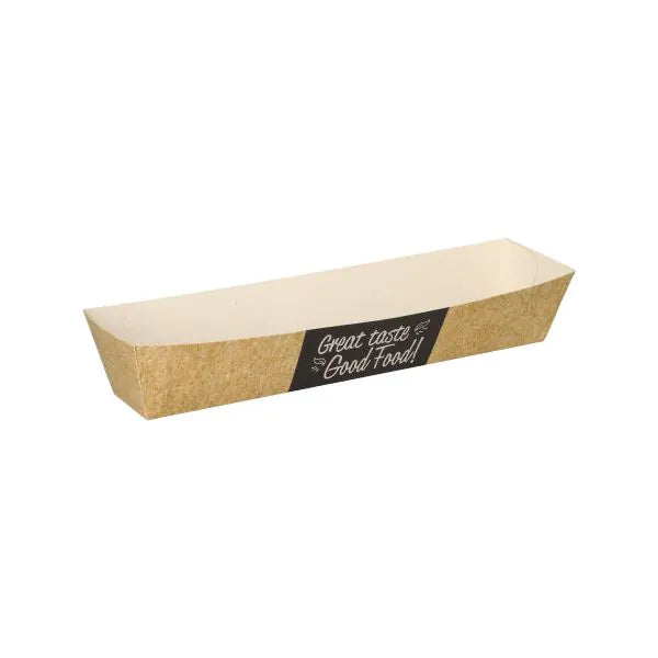 Ein rechteckiges braun-weißes PAPSTAR "pure" Pappe Snacktray mit "Good Food!" an der Seite, leer auf weißem Hintergrund abgebildet - eine umweltfreundliche Lösung der PAPSTAR GmbH.