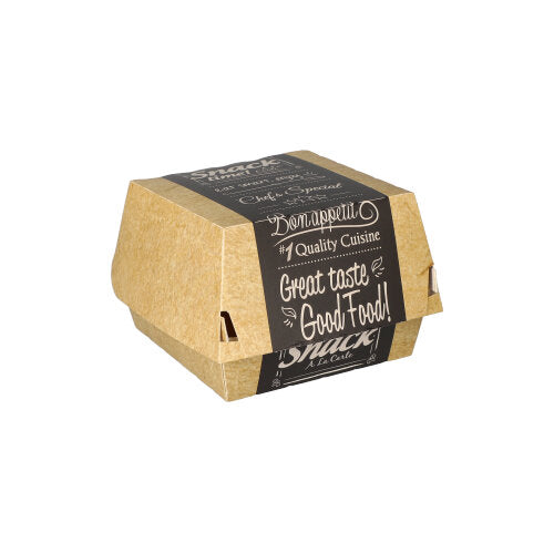 Eine geschlossene braune PAPSTAR 50 Burgerboxen aus Pappe "pure" Good Food von PAPSTAR GmbH, mit schwarzem Etikett mit "Guten Appetit! Qualitätsküche, guter Geschmack Good Food! Snack", steht mittig auf weißem Hintergrund.