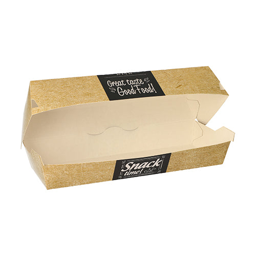 Die PAPSTAR 50 Baguetteboxen „pure“ sind rechteckige, braune Kartons (6,5x7,5x21 cm) mit angesetztem Deckel und den Aufschriften „Snack time!“ und „Good Food“ – perfekt für den Gastronomiebedarf der PAPSTAR GmbH. 50 Stück (eingeschweißt).
