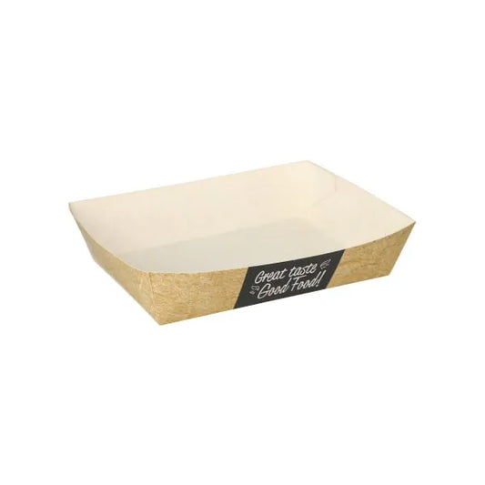 Die PAPSTAR 50 Snacktrays "pure" der PAPSTAR GmbH sind rechteckige Einwegkartonschalen mit brauner Außenseite, weißer Innenseite und dem Aufdruck "Great taste & Good food!" in weißer Schrift. Diese nachhaltige Schale ist leer.