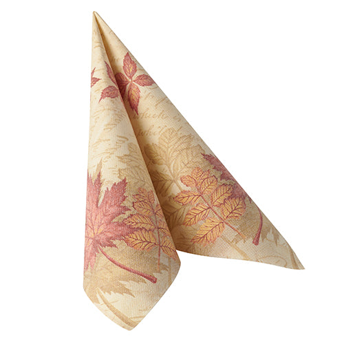 Beigefarbene PAPSTAR 50 Servietten "ROYAL Collection" 1/4-Falz Serviette (40x40 cm) der PAPSTAR GmbH mit rotem und orangefarbenem Herbstblattmotiv.