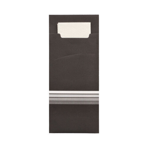 Die PAPSTAR 520 Bestecktaschen (20 x 8,5 cm), schwarz mit weißem Einsatz und drei silbernen Linien, bestehen aus hochwertigem Material und enthalten eine passende 2-lagige Serviette (33 x 33 cm). Hersteller: PAPSTAR GmbH.