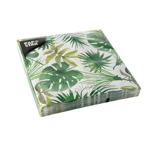 Eine Packung mit 20 PAPSTAR Servietten, 33x33 cm, 3-lagig, 1/4-Falz, von PAPSTAR GmbH, mit einem grünen tropischen Blattmuster auf Weiß. Die Verpackung zeigt in der linken oberen Ecke das Etikett "PAP STAR".