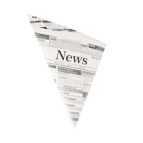 Die PAPSTAR 300 Spitztüten „Zeitungsdruck“ sind dreieckige, schwarz-weiße Pergamentersatztüten (32,5x23x23 cm), fettdicht, mit fiktivem Zeitungsdruck – ideal zum Servieren von bis zu 250g; Lieferung im 300er-Pack eingeschweißt.