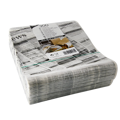 Eine Packung mit 300 PAPSTAR Hamburger-Tüten Pergament-Ersatz (16x18 cm) im „Zeitungsdruck“-Design, fettdicht und in Folie verpackt; ideal für verschiedene Verpackungsbedürfnisse. Marke: PAPSTAR GmbH.