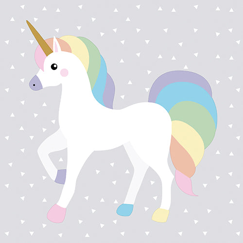 Ein weißes Einhorn mit goldenem Horn und pastellfarbener Regenbogenmähne steht auf drei Beinen, abgebildet auf PAPSTAR GmbH 20 Servietten, 33x33 cm, 3lagig 1/4-Falz Design Set 1, mit hellgrauem Hintergrund und kleinen weißen Dreiecken.