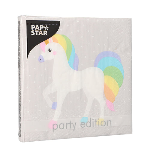A pack of PAPSTAR GmbH 20 napkins, 33 cm x 33 cm, 3-ply, with a cartoon unicorn and rainbow mane on light gray. The packaging says "PAPSTAR" and "party edition".