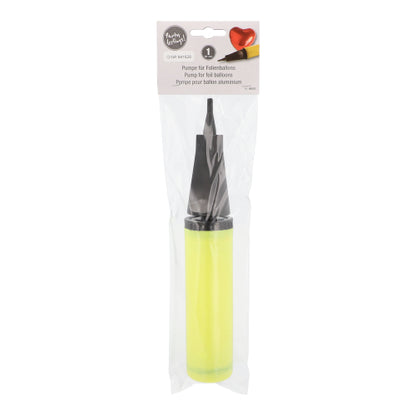 The PAPSTAR pump for foil balloons in yellow (28x4.5 cm) from PAPSTAR GmbH is delivered in a transparent bag with a product information label, making it an indispensable party accessory for any celebration.