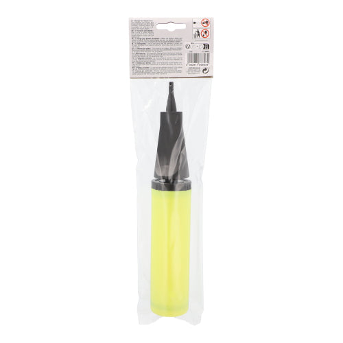 Die PAPSTAR Pumpe für Folienluftballons (28 cm x 4,5 cm, gelb) der PAPSTAR GmbH verfügt über eine schwarze Düse und wird in einer transparenten Tasche mit weiß-grauem Etikett geliefert – perfekt als unverzichtbares Partyzubehör.