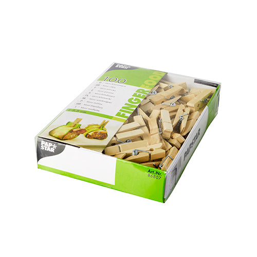 Die PAPSTAR 100 Mini-Klammern aus Holz (3,5 cm) werden in einer teilweise transparenten Pappschachtel geliefert. Die grün-weiße Box der PAPSTAR GmbH zeigt Klammern für Lebensmittelverpackungen – ideal für DIY-Projekte. Inhalt: 100 Stück mit Metallfedern.