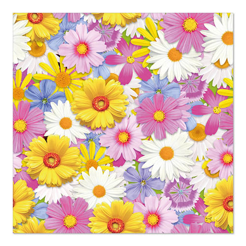 Ein lebhaftes, dichtes Blumenmuster mit gelben, weißen, rosafarbenen und violetten Blüten ziert die PAPSTAR 20 Servietten (33 cm x 33 cm, 3-lagig, 1/4 gefaltet) der PAPSTAR GmbH und sorgt für ein lebendiges Bild mit überlappenden Blütenblättern.